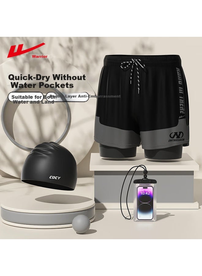 Pull Back Huili Men's Swim Shorts For Hot Springs, Knee-length Swim Trunks, Anti-embarrassment Quick-dry Large Size Swim Shorts 25041 Black L - Image 1