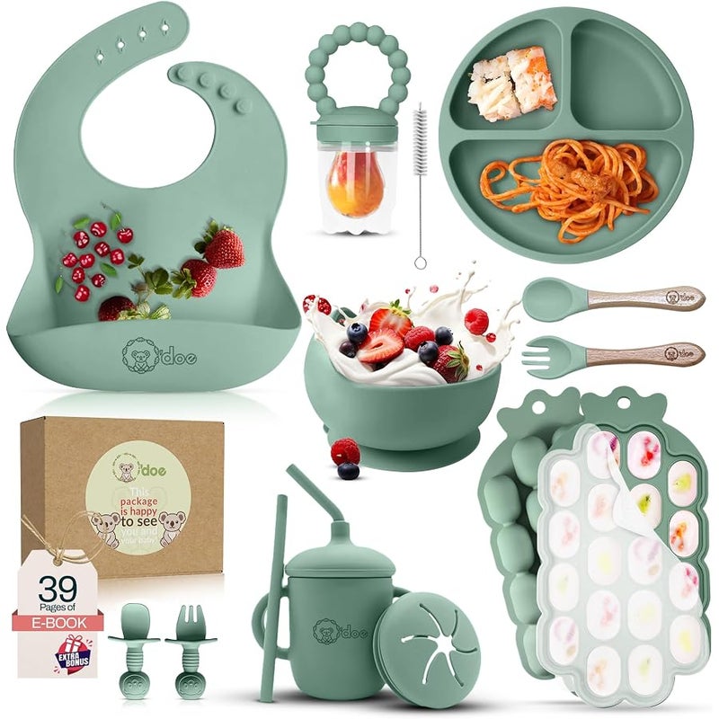 O'doe Baby Weaning Set – 15 Pcs Silicone Baby Feeding Set with Suction Plate, Bowl, Bib, Sippy Cup, Fruit Feeder, Freezer Tray - Image 1