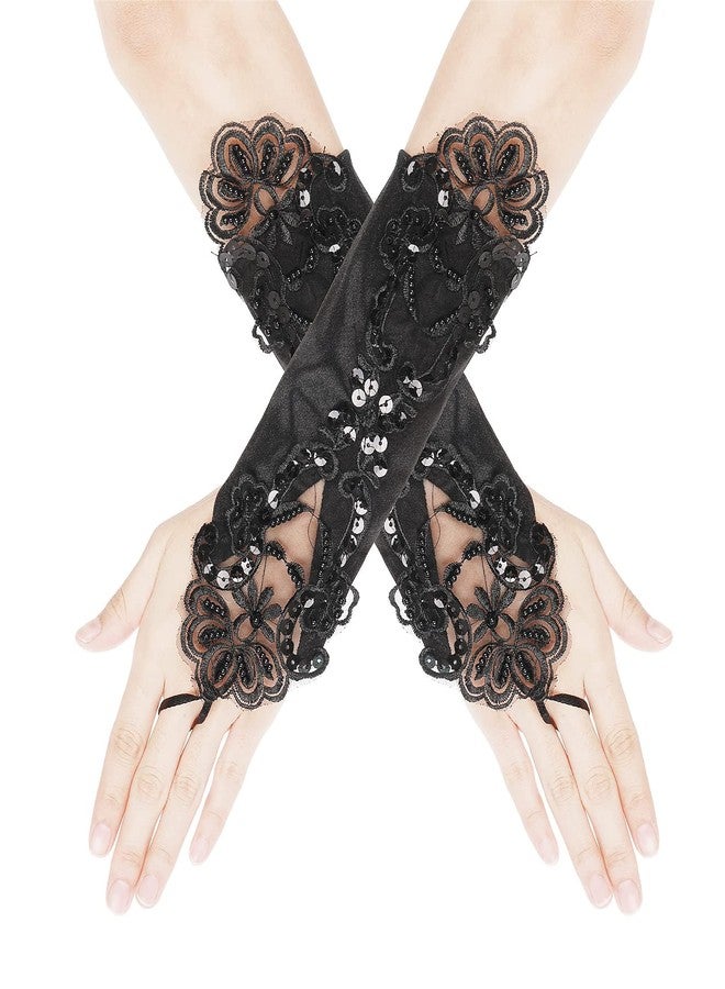 Tarini 1 Pair Lace Gloves with Pearl & Sequin, Elegant Embroidered Fingerless Gloves for Women, Ideal for Wedding Bridal Tea - Image 1