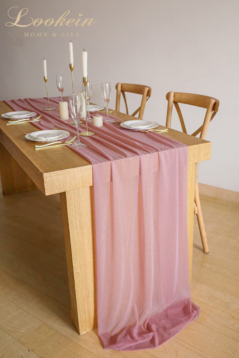 Lookein 10 Feet Mauve Chiffon Table Runner Sheer Wedding Table Cloth 29x120 Inches Rustic Wedding Decorations French Chiffon Table Runner - Image 3