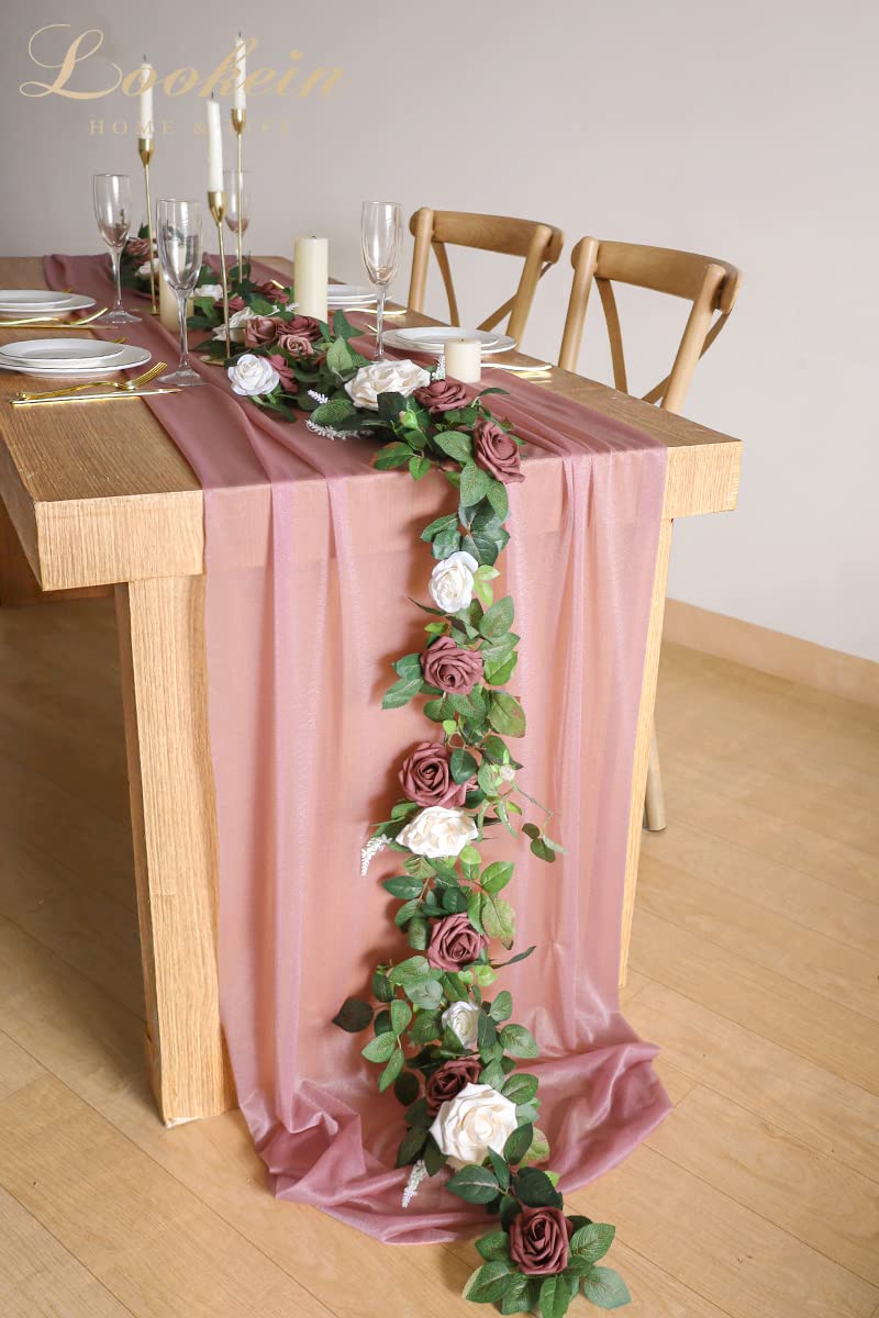 Lookein 10 Feet Mauve Chiffon Table Runner Sheer Wedding Table Cloth 29x120 Inches Rustic Wedding Decorations French Chiffon Table Runner - Image 4