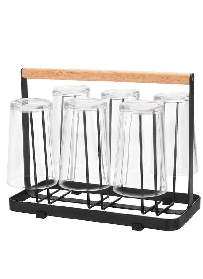 RACK STORE - Cup Drying Rack Stand 6 Cup Metal Drainer Holder Rack Non Slip Mugs Cups Organizer With Wood Handle Countertop Drainer For Kitchen - Image 1
