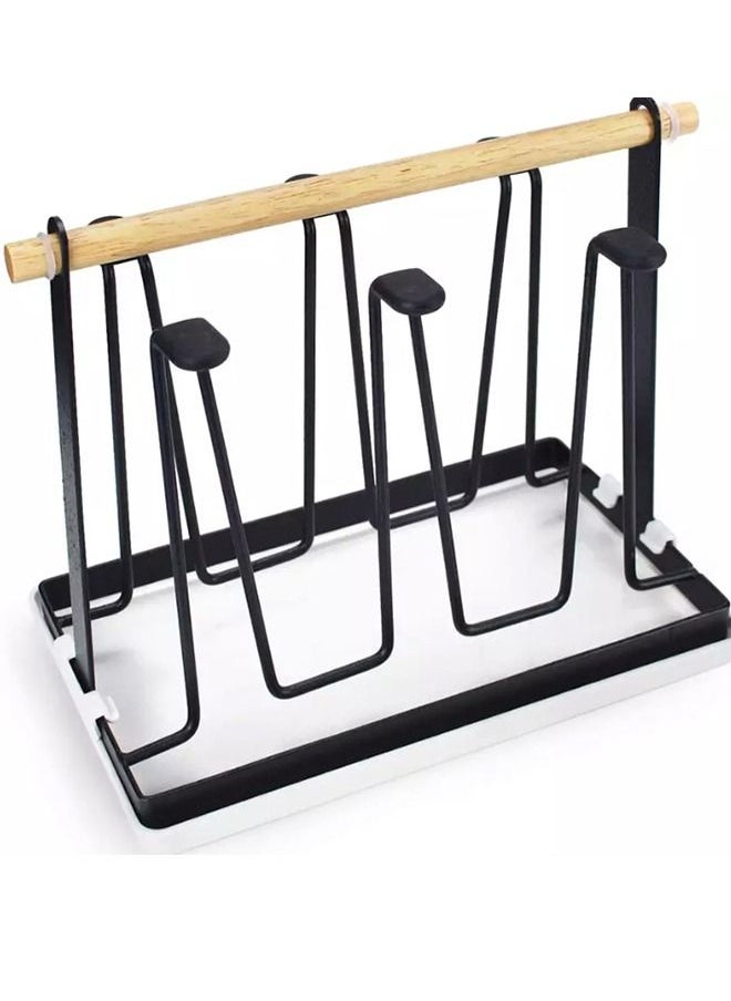 RACK STORE - Cup Drying Rack Stand 6 Cup Metal Drainer Holder Rack Non Slip Mugs Cups Organizer With Wood Handle Countertop Drainer For Kitchen - Image 1