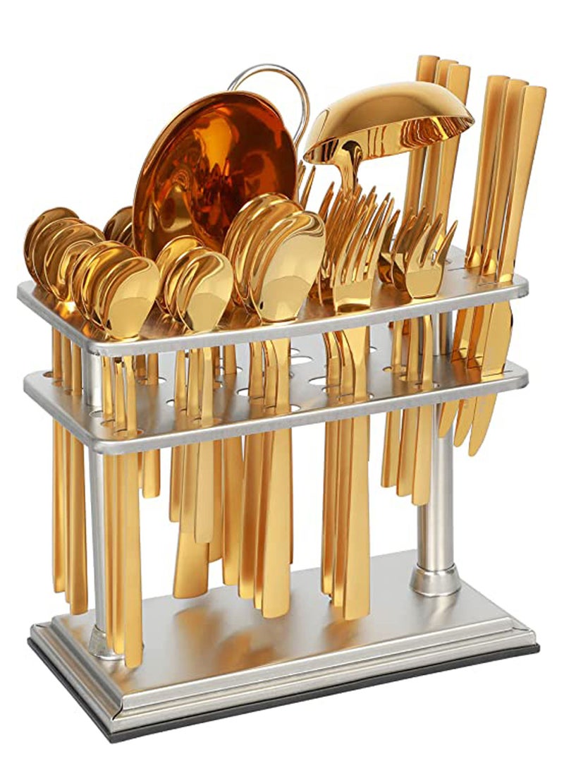 Life Smile Cutlery Set 38-Piece 18/10 Stainless Steel Spoon and Fork Set - Knife and Forks with cutlery holder - Tea & Ice Spoons, Soup Spoon, Ice Cream Spoon - Dinner & Cake Fork - Fruit Knife - Soup ladle - Rice Server - Service for 6 Gold  - Image 1