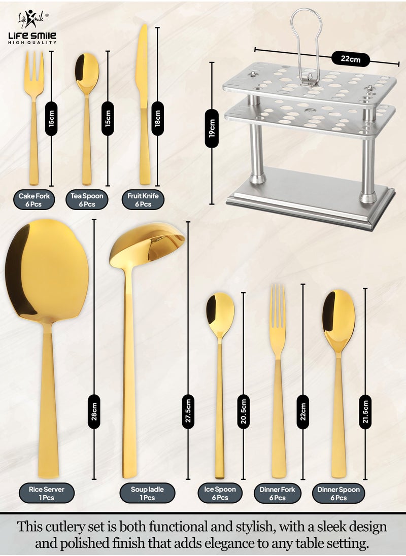 Life Smile Cutlery Set 38-Piece 18/10 Stainless Steel Spoon and Fork Set - Knife and Forks with cutlery holder - Tea & Ice Spoons, Soup Spoon, Ice Cream Spoon - Dinner & Cake Fork - Fruit Knife - Soup ladle - Rice Server - Service for 6 Gold  - Image 3
