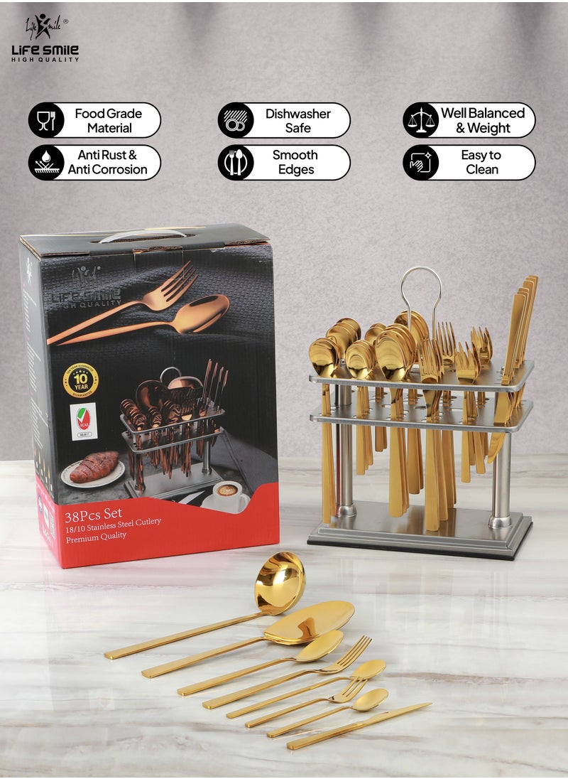 Life Smile Cutlery Set 38-Piece 18/10 Stainless Steel Spoon and Fork Set - Knife and Forks with cutlery holder - Tea & Ice Spoons, Soup Spoon, Ice Cream Spoon - Dinner & Cake Fork - Fruit Knife - Soup ladle - Rice Server - Service for 6 Gold  - Image 4