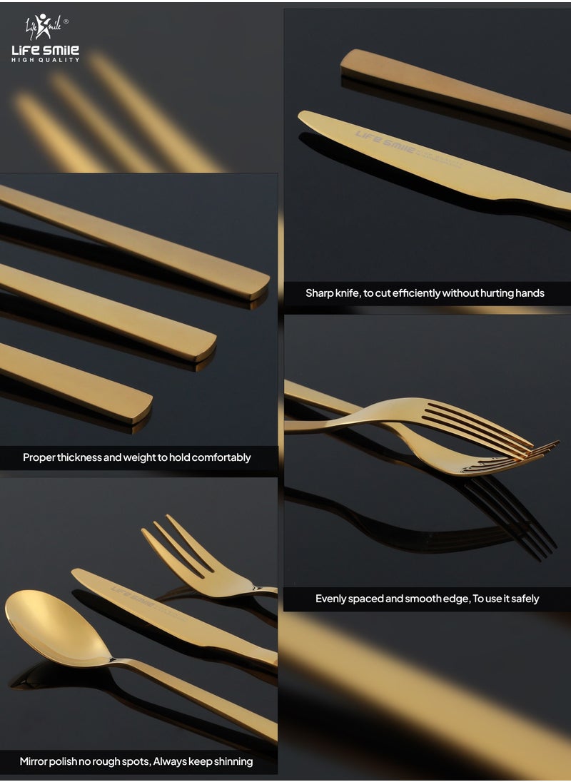 Life Smile Cutlery Set 38-Piece 18/10 Stainless Steel Spoon and Fork Set - Knife and Forks with cutlery holder - Tea & Ice Spoons, Soup Spoon, Ice Cream Spoon - Dinner & Cake Fork - Fruit Knife - Soup ladle - Rice Server - Service for 6 Gold  - Image 5