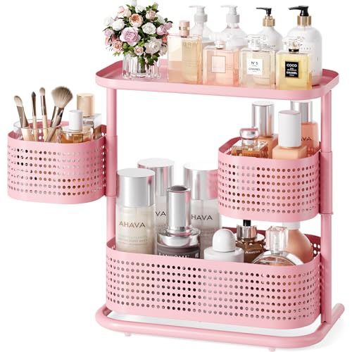 KINGRACK 3 Tier Bathroom Organizer Countertop, Multi-Purpose Makeup Organizer, Rotating Desktop Skincare Organizer, Vanity Tray Standing Rack for Bathroom, Pink - Image 1