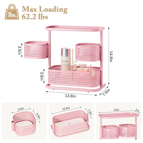 KINGRACK 3 Tier Bathroom Organizer Countertop, Multi-Purpose Makeup Organizer, Rotating Desktop Skincare Organizer, Vanity Tray Standing Rack for Bathroom, Pink - Image 2
