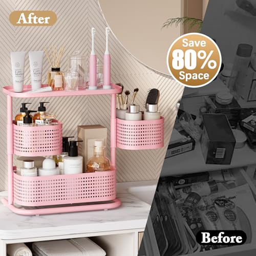 KINGRACK 3 Tier Bathroom Organizer Countertop, Multi-Purpose Makeup Organizer, Rotating Desktop Skincare Organizer, Vanity Tray Standing Rack for Bathroom, Pink - Image 5