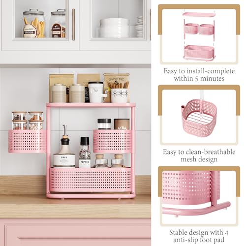 KINGRACK 3 Tier Bathroom Organizer Countertop, Multi-Purpose Makeup Organizer, Rotating Desktop Skincare Organizer, Vanity Tray Standing Rack for Bathroom, Pink - Image 3