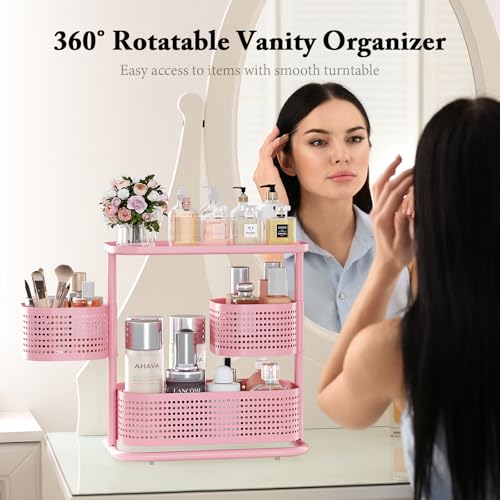 KINGRACK 3 Tier Bathroom Organizer Countertop, Multi-Purpose Makeup Organizer, Rotating Desktop Skincare Organizer, Vanity Tray Standing Rack for Bathroom, Pink - Image 4