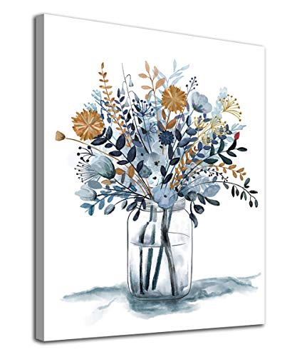 tigeridge Navy Blue Flowers Canvas Wall Art Bedroom Wall Decor Minimalistic Bouquet Canvas Pictures Blossom Watercolor Artwork for Living Room Bathroom Home Office Decoration Indigo Floral Canvas Prints 12 x 16 - Image 1
