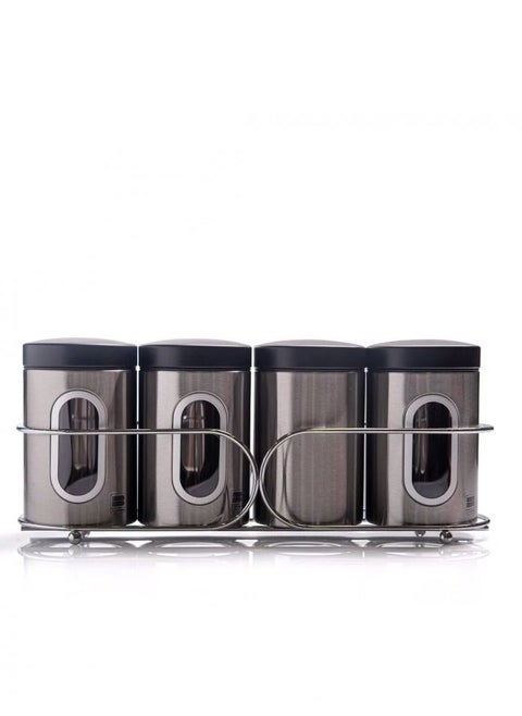 A set of 4 Stainless Steel Containers For Spices Sugar Tea And Coffee With A Stand