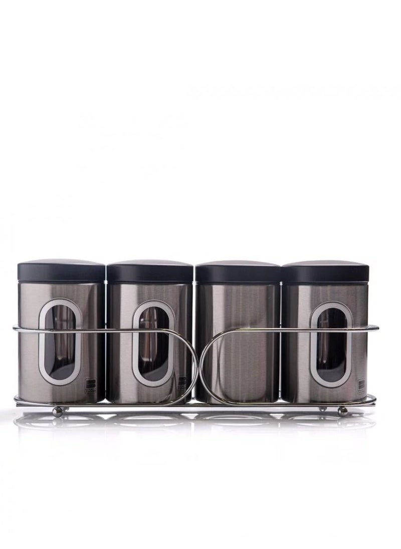 BASURRAH - A set of 4 Stainless Steel Containers For Spices Sugar Tea And Coffee With A Stand - Image 1