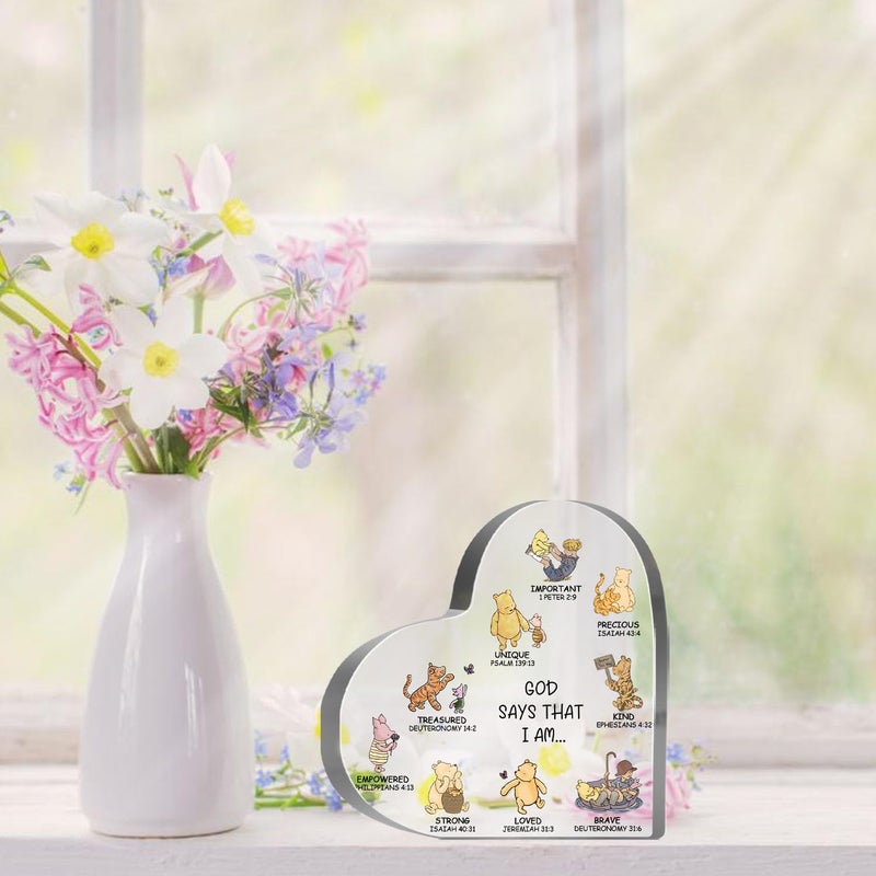 MUNLICAR Religious Gifts for Women, Winnie Bible Verse Encouragement Presents for Sister Mom Friend, Christian Home Office Desk Winnie Decor, God Says Inspirational Acrylic Hearts Plaques - Image 5
