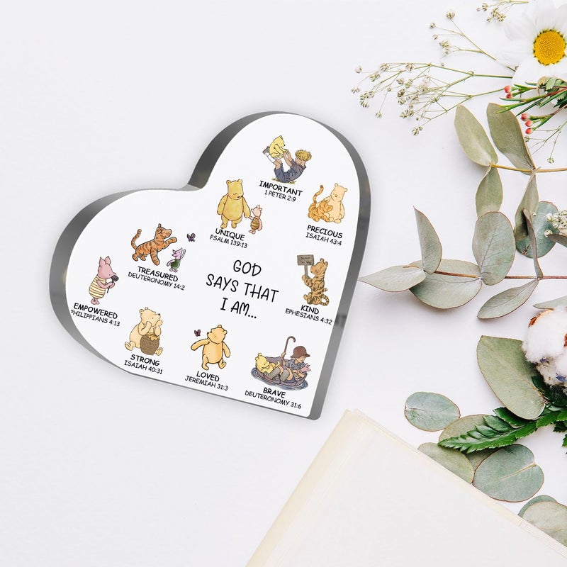 MUNLICAR Religious Gifts for Women, Winnie Bible Verse Encouragement Presents for Sister Mom Friend, Christian Home Office Desk Winnie Decor, God Says Inspirational Acrylic Hearts Plaques - Image 3