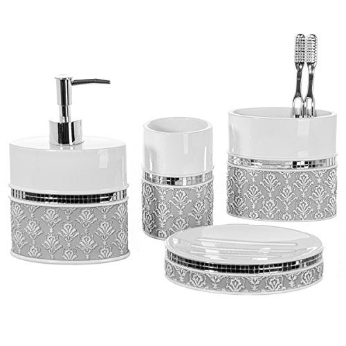 Creative Scents Mirror Damask Bathroom Accessory Set  Decorative White and Gray Bathroom Set  4 Piece Bathroom Accessories Set Includes Soap Dispenser Soap Dish Toothbrush Holder and Tumbler