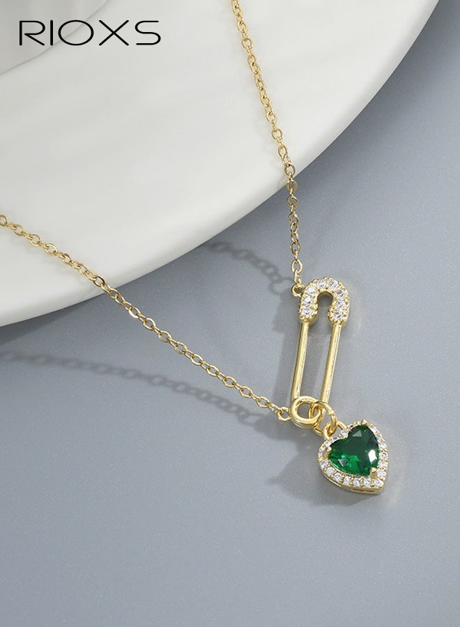 RIOXS Love Heart Pin Necklace for Women, Cubic Zircon Crystal Heart Necklace, Crystal Paper Clip Chain Necklace, Adjustable Green Heart Charm Necklace,  Party Jewelry Valentine's Day Gift - Image 1