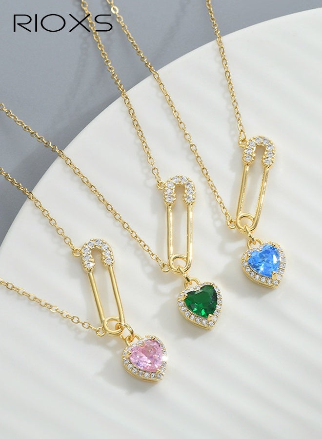 RIOXS Love Heart Pin Necklace for Women, Cubic Zircon Crystal Heart Necklace, Crystal Paper Clip Chain Necklace, Adjustable Green Heart Charm Necklace,  Party Jewelry Valentine's Day Gift - Image 3