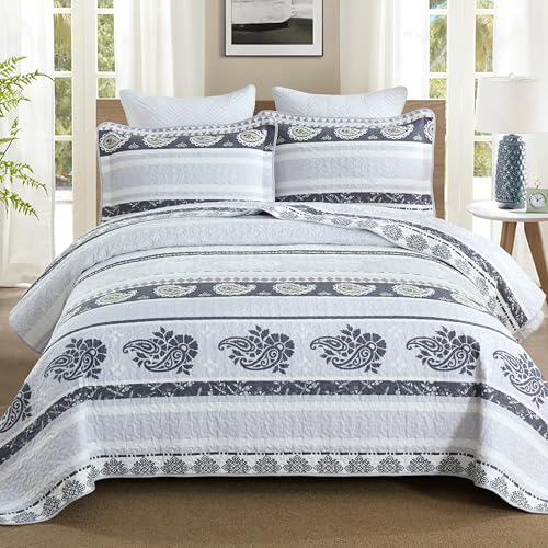 AJOCCI Purple King Size Comforter,Cotton Quilt Set,Paisley Bedding Striped Bed Set with 2 Pillow Shams Reversible Bedspread All Seasons,Lightweight Soft 100% Cotton 3 Piece - Image 1