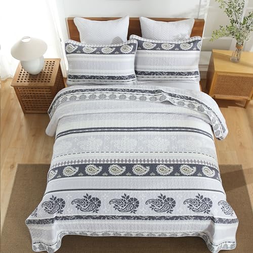 AJOCCI Purple King Size Comforter,Cotton Quilt Set,Paisley Bedding Striped Bed Set with 2 Pillow Shams Reversible Bedspread All Seasons,Lightweight Soft 100% Cotton 3 Piece - Image 3