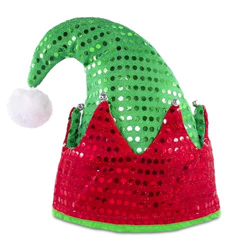 WTTORDE Elf Hat Felt Elf Hat with Jingle Bells Santa Hats Hat Great Holiday Party Costume New Year Gift Ideas and Accessory RedGreen with Sequins - Image 1