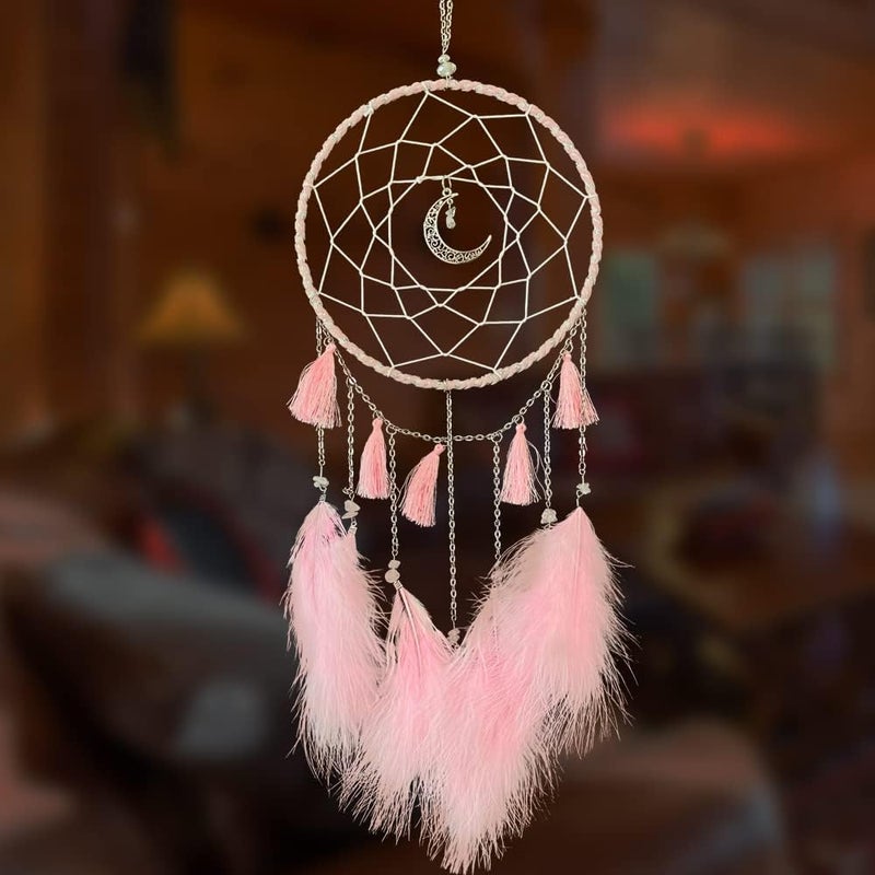 Awlee Dream Catcher Handmade Pink Feather Native American Circular Net for Boys Bedroom Wall Hanging Dream Catcher for Girls Kids Nursery Bedroom Decoration Blessing Gift (Pink) - Image 1