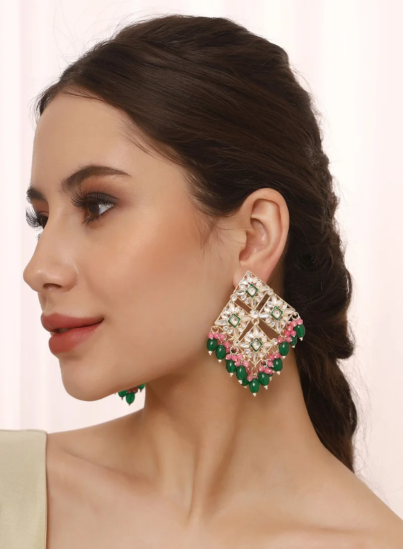 Priyaasi Kundan Studded Beads Beaded Diamond Shaped Drop Earrings