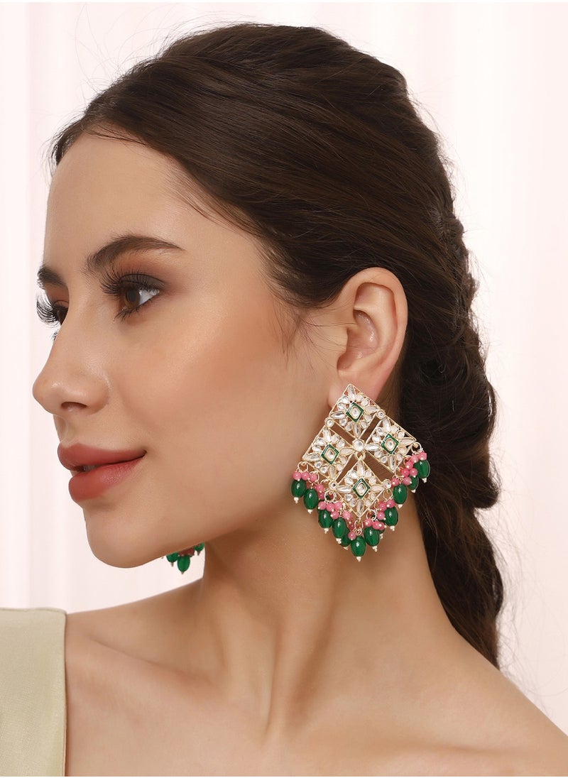 Priyaasi Kundan Studded Beads Beaded Diamond Shaped Drop Earrings  - Image 1