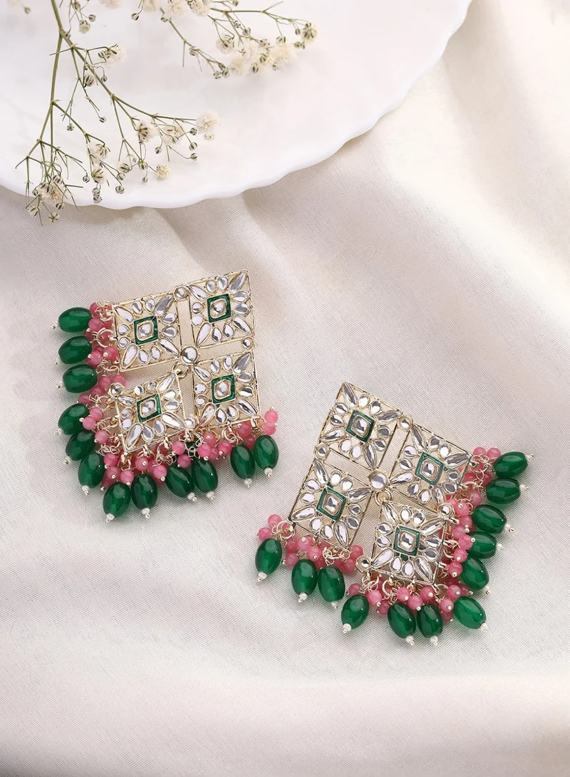 Priyaasi Kundan Studded Beads Beaded Diamond Shaped Drop Earrings