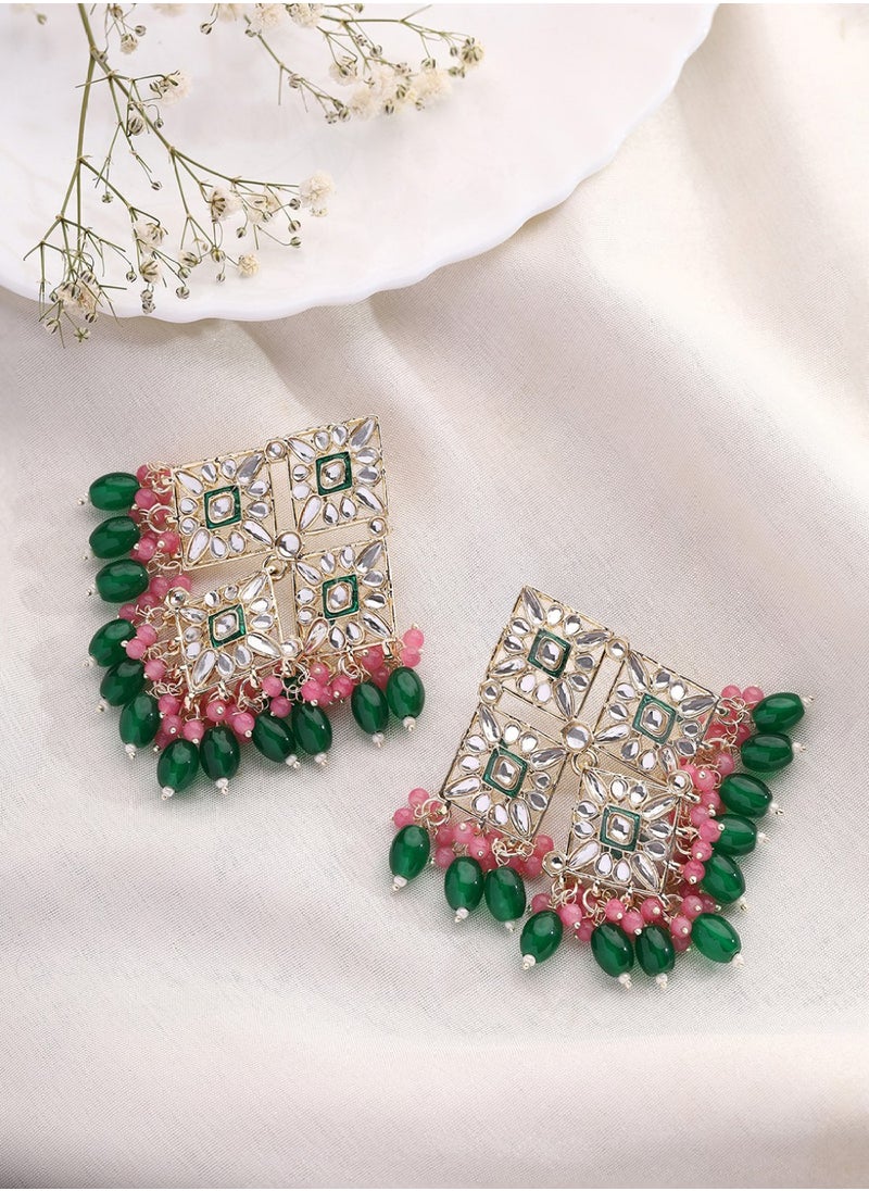 Priyaasi Kundan Studded Beads Beaded Diamond Shaped Drop Earrings  - Image 2
