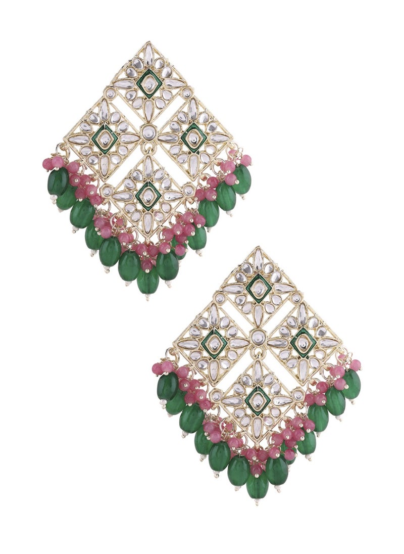 Priyaasi Kundan Studded Beads Beaded Diamond Shaped Drop Earrings  - Image 3