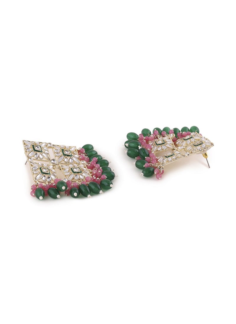 Priyaasi Kundan Studded Beads Beaded Diamond Shaped Drop Earrings  - Image 4