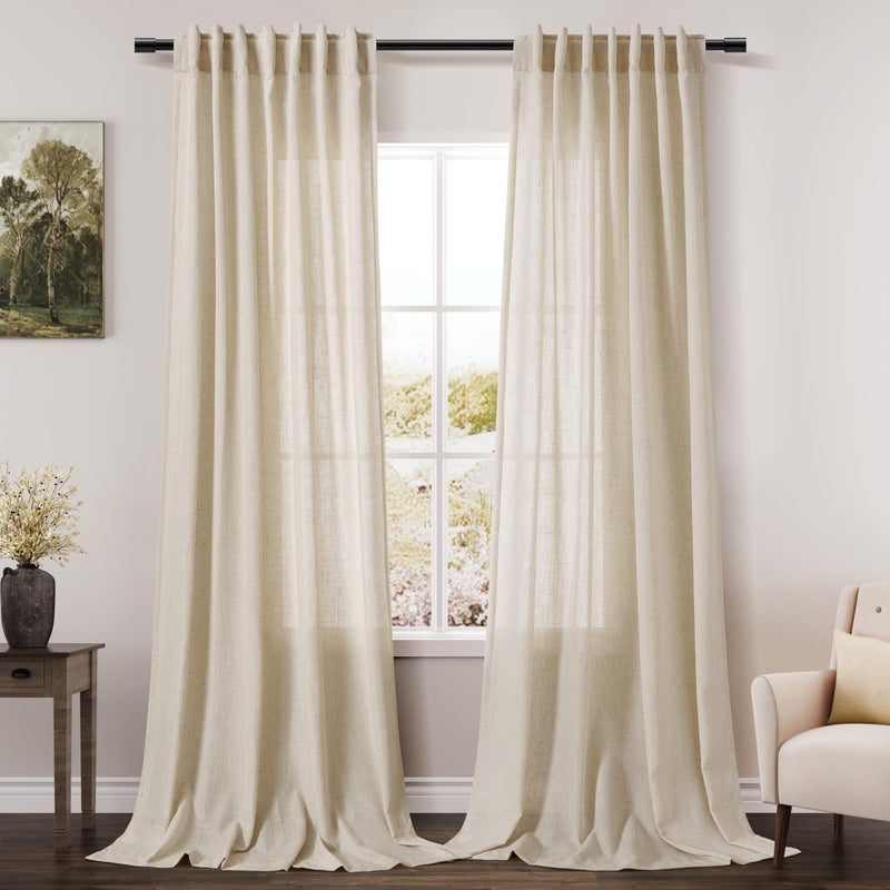 Nanspring Beige Linen Curtain 96 inches Long for Living Room Back Tab Neutral Vintage Country Rustic Farmhouse Curtain Burlap Textured Canvas Cloth Look Linen Drapes 96 inch Length for Dinning Room Bedroom 8 FT - Image 1