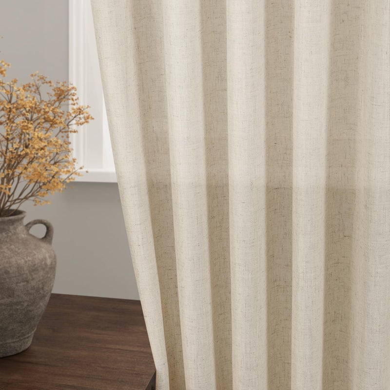 Nanspring Beige Linen Curtain 96 inches Long for Living Room Back Tab Neutral Vintage Country Rustic Farmhouse Curtain Burlap Textured Canvas Cloth Look Linen Drapes 96 inch Length for Dinning Room Bedroom 8 FT - Image 2
