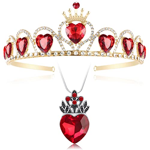 HEIKLN Descendant Gold Tiara Red Heart Crown and Necklace Rise of Red Jewelry Set Queen of Hearts Evie Costume Fan Jewelry Gift for Party - Image 1
