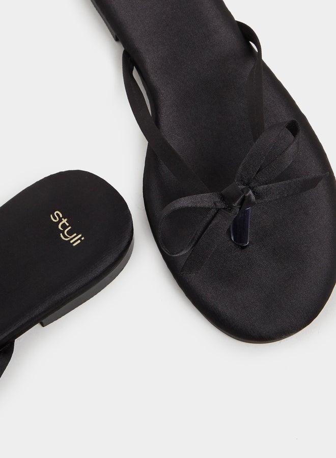 Styli Plain Bow Trim Flat Sandals - Image 3