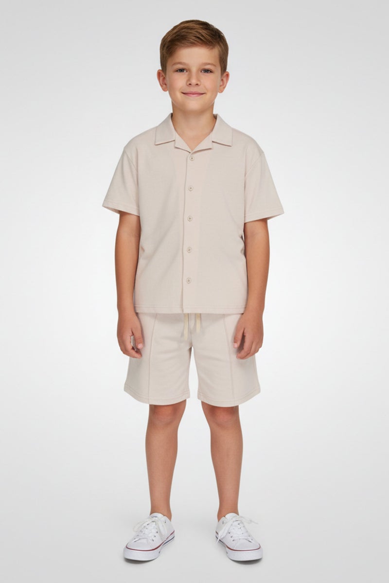 Nautica Jeans Kids Boy 2 Pcs Short Sleeve Plain Casual Shirt And Shorts Set, Beige - Image 1