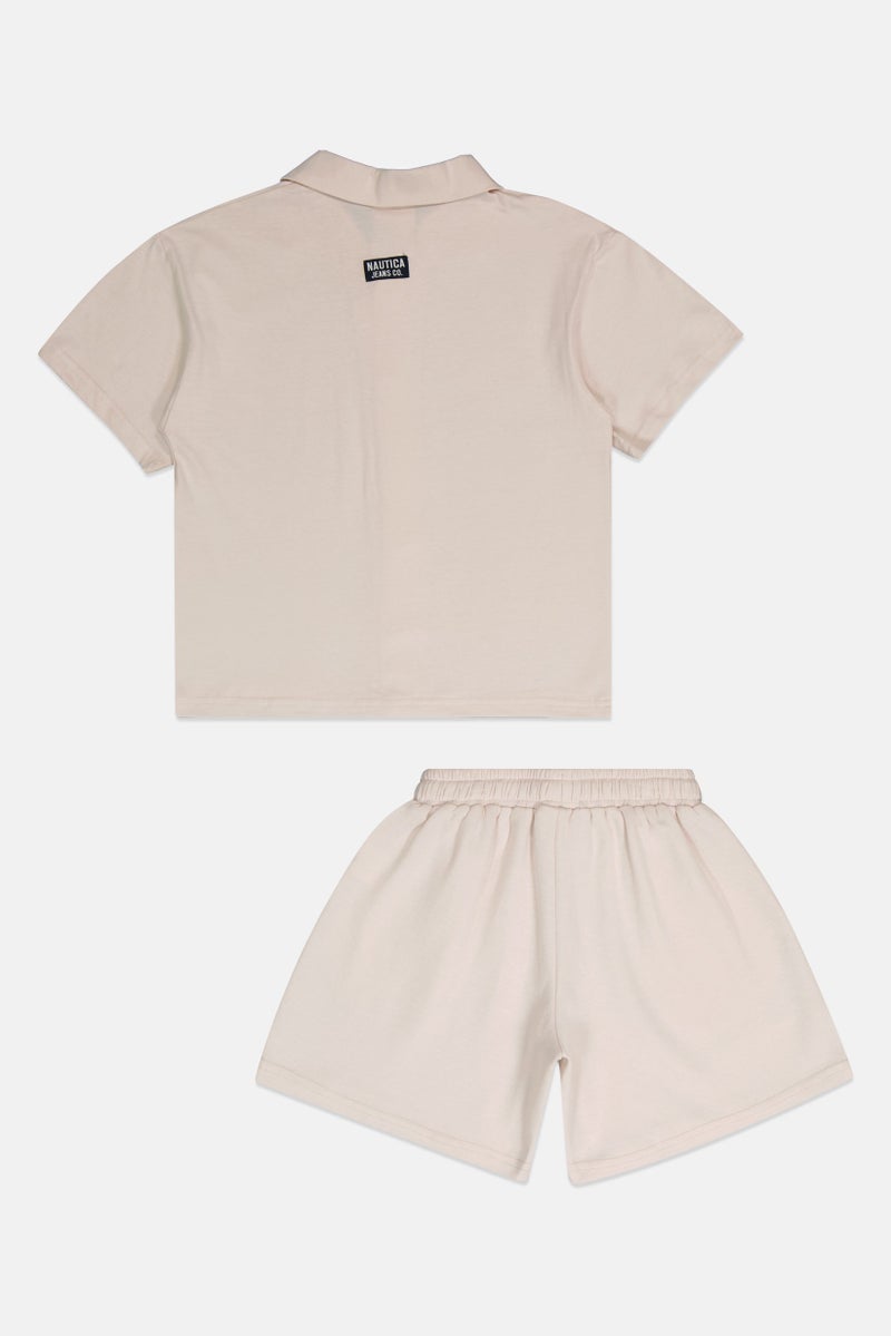 Nautica Jeans Kids Boy 2 Pcs Short Sleeve Plain Casual Shirt And Shorts Set, Beige - Image 2