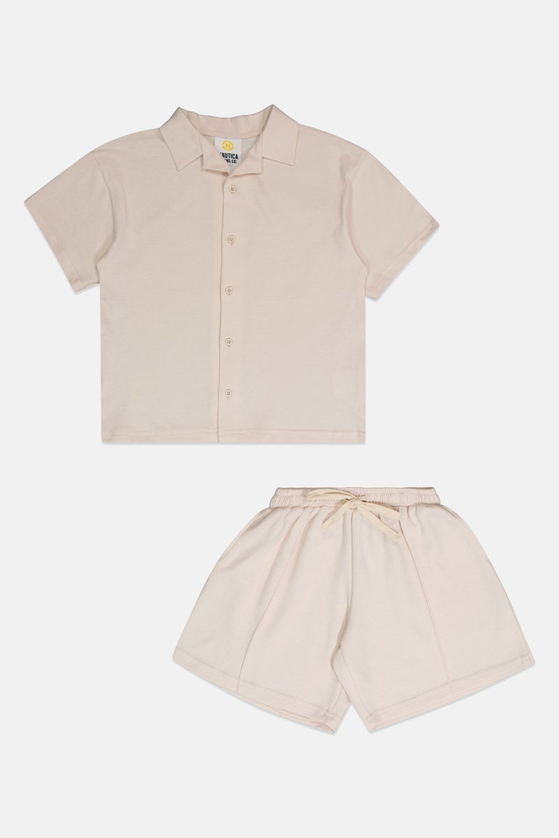 Nautica Jeans Kids Boy 2 Pcs Short Sleeve Plain Casual Shirt And Shorts Set, Beige - Image 3