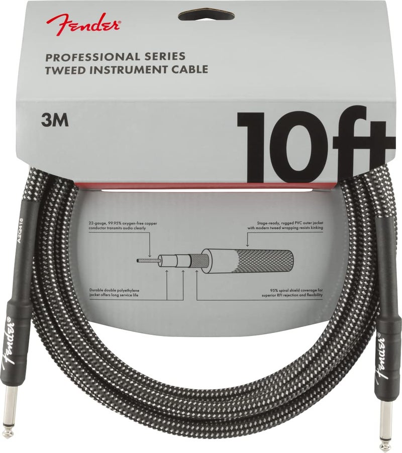 Fender Professional Series Tweed Instrument Cable Guitar Cable Guitar Accessories StraightStraight Gray 10ft