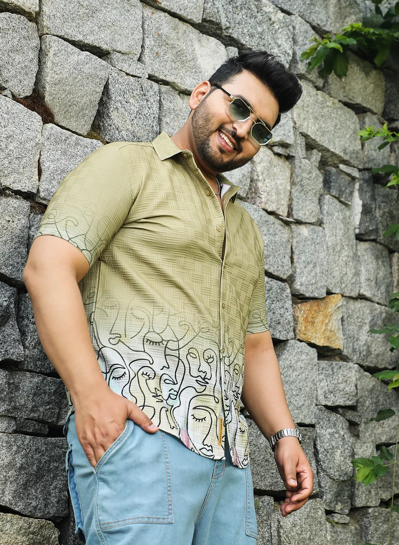 Instafab Plus Instafab Plus Men's Pistachio Green Faces-Ombre Shirt For Casual Wear | Spread Collar | Short Regular Sleeves | Button Closure | Plus Size Shirt Crafted With Comfort Fit For Everyday Wear