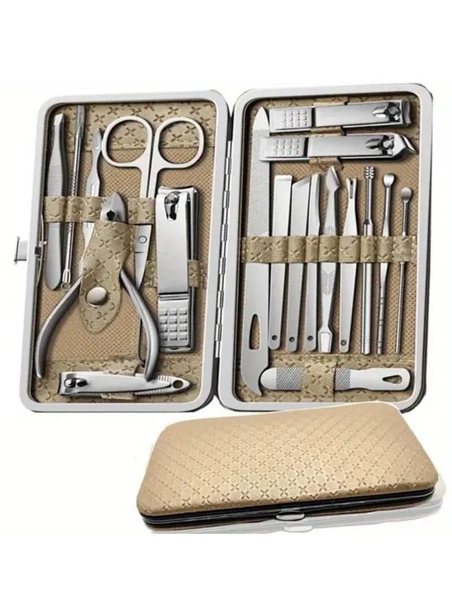 19Pcs Golden Stainless Steel Manicure Pedicure Set Nail Clipper Cuticle Scissors - Image 1