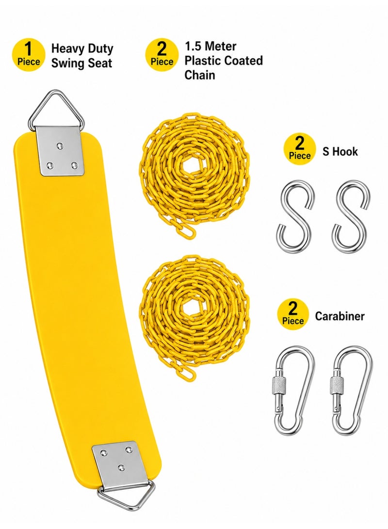 Funz Swing Seat with 150cm Anti-Rust Chains Thermoplastic Coated Support 110kg Swing Seat Replacement with Snap Hooks for Outdoors Playground Yellow - Image 1