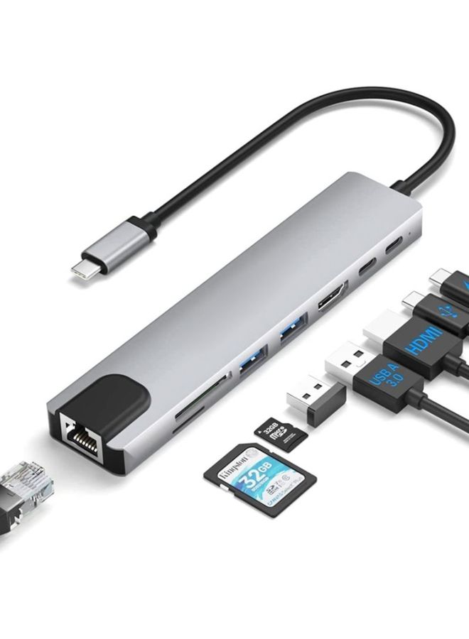 BURAQ DS-20808 8 in 1 USB-C / Type-C Hub Multiport Adapter with 4K HDMI,USB 3.0 SD/TF Card Reader, USB C Dongle for MacBook Pro/Air and Other Type C Devices - Image 1