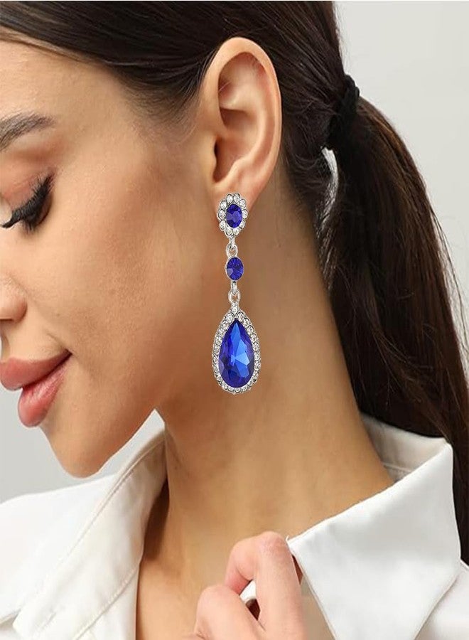 YINLI Gorgeous Austrian Crystal Teardrop Dangle Clip on Earrings for Women (Clip on Sapphire Blue) - Image 2