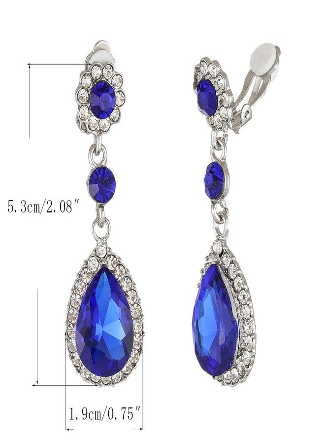 YINLI Gorgeous Austrian Crystal Teardrop Dangle Clip on Earrings for Women (Clip on Sapphire Blue) - Image 3