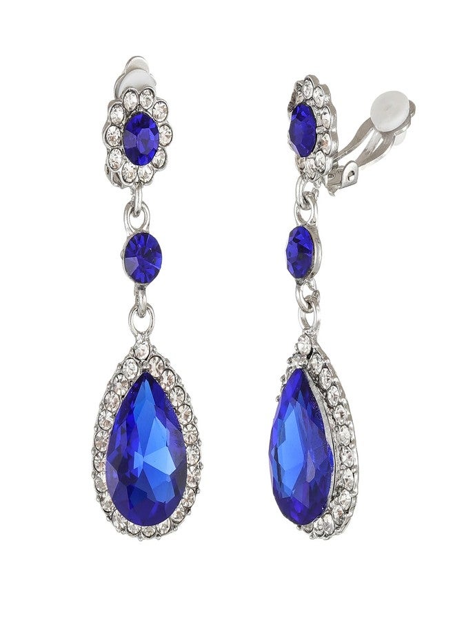 YINLI Gorgeous Austrian Crystal Teardrop Dangle Clip on Earrings for Women (Clip on Sapphire Blue) - Image 1