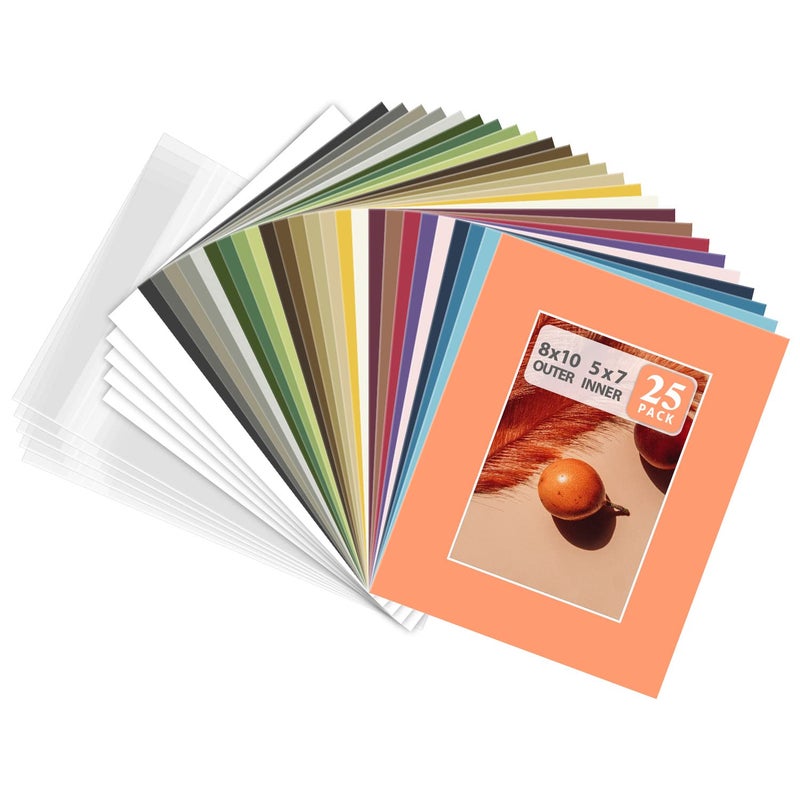 Golden State Art Golden State Art Pack of 25 Mixed Colors PreCut 8x10 Picture Mat for 5x7 Photo with White Core Bevel Cut Mattes Sets Includes 25 High Premier Acid Free Mats  25 Backing Board  25 Clear Bags 